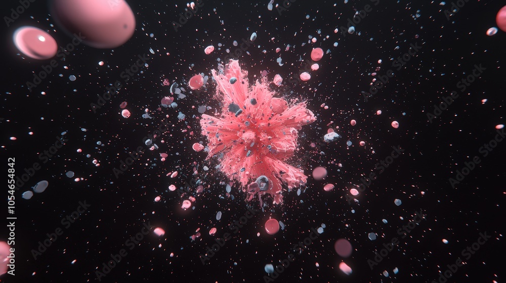 Poster dynamic pink and blue abstract splash with floating particles on dark background