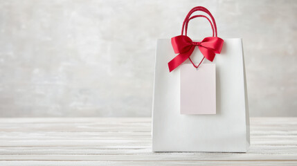 Elegant gift bag with red ribbon and blank tag on wooden table
