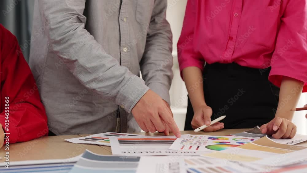 Poster hand closeup of designer team brainstorming and choosing color for graphic design working or client 
