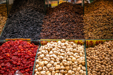 Dried raisins and nuts in close up in the International Grand Bazaar Xinjiang, Urumqi, China