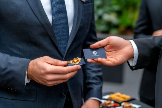 Hyper-realistic close-up of a confident professionalâ€™s hand holding a business card during a networking event, capturing the quality and formality in detail, symbolizing identity and professionalism