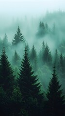 Fototapeta premium A captivating view of a dense coniferous forest shrouded in mist, showcasing the rich greens and tranquil atmosphere of nature.