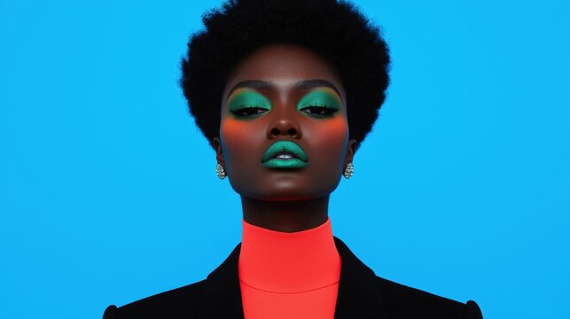 Vibrant makeup and fashion portrait with bold colors against blue background