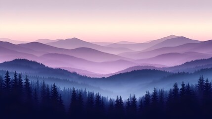 Obraz premium A beautiful gradient of purple and pink hues blankets a serene mountain landscape at dusk, with silhouettes of coniferous trees in the foreground.