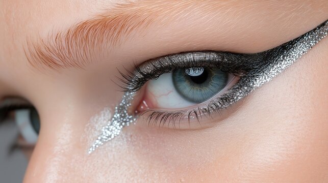Futuristic silver eye makeup featuring bold metallic eyeliner and glitter accents