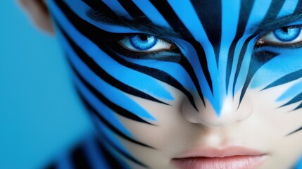Vivid blue zebra makeup on model's face with intense eye contact