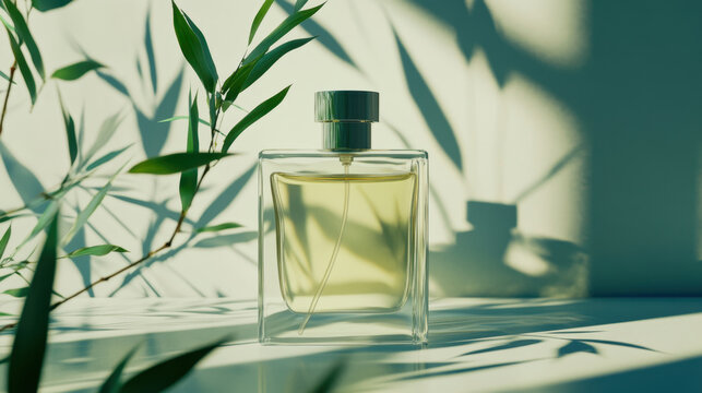 bottle of perfume surrounded by bamboo leaves, casting beautiful shadows on light background. serene composition evokes sense of tranquility and elegance
