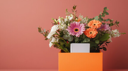 vibrant care package featuring bouquet of colorful flowers, including pink and orange gerbera daisies, set against warm coral background. This cheerful arrangement brings joy and warmth