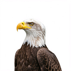 Obraz premium A majestic bald eagle with a sharp beak and intense eyes, looking to the side against a white background
