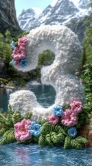 Fototapeta premium 3D Render of the Number Three with Pink and Blue Flowers by a Lake in a Mountain Valley