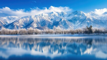 Fototapeta premium Snowy Mountain View and Lake Reflection
