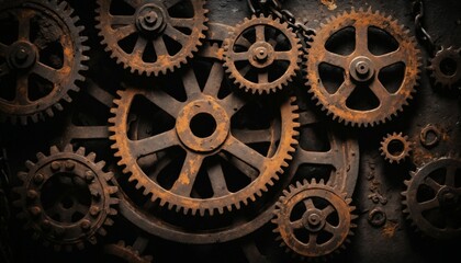 Rusty gears and chains with a dense, gritty texture, subtle oil smudges, and deep shadows for an industrial, grunge-filled atmosphere