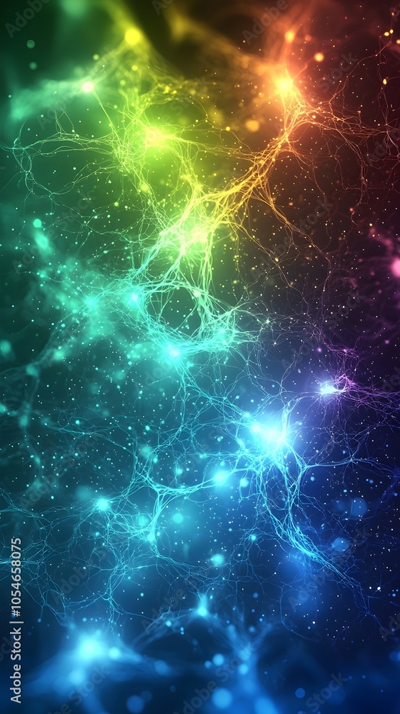 Poster an abstract representation of neural networks, showcasing vibrant colors of blue, green, and orange,