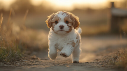 playful white and brown puppy is running joyfully along path, surrounded by soft golden light. Its energetic spirit and adorable features create heartwarming scene