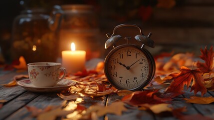 A cozy autumn scene with a vintage clock showing the time turning back, surrounded by fallen leaves, a warm candle, and a cup of tea, capturing the essence of Daylight Saving Time ending.