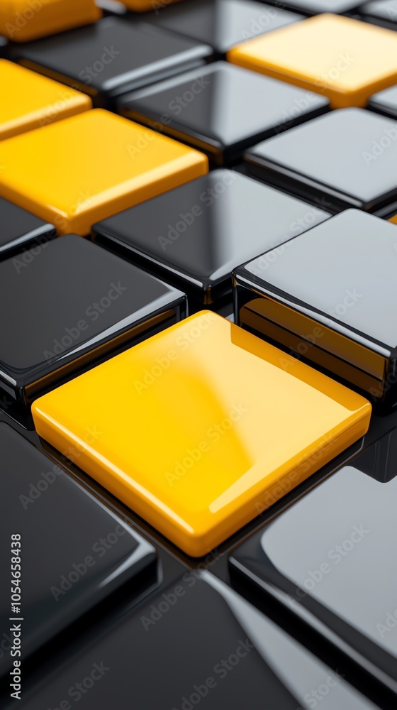 Poster close-up of a pattern of glossy black and yellow squares.