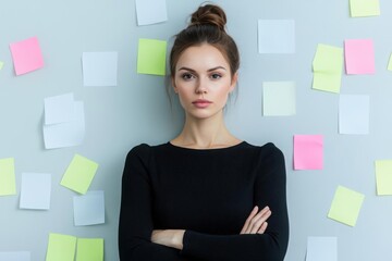 Businesswoman with motivational quotes and strategies on office wall, selfmotivation, strategic alignment
