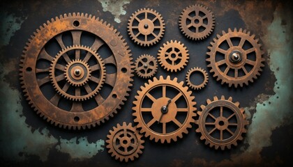 Rusted clockwork gears in layered patterns with oxidized surfaces, visible patina, and a smoky, grunge background for a vintage timepiece look