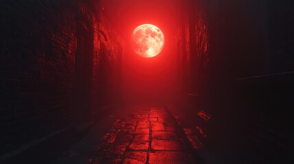 A Blood Red Moon Illuminates a Dark Alleyway
