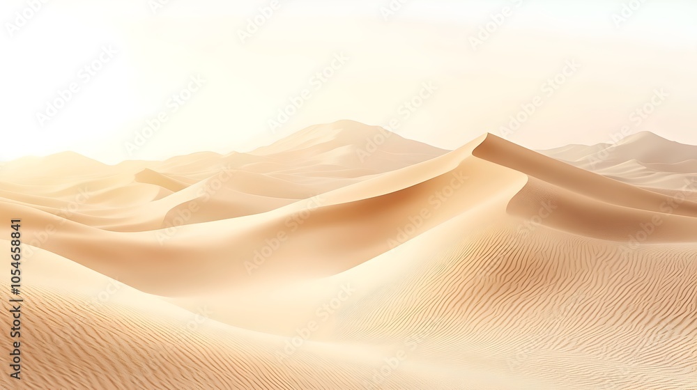 Poster golden sand dunes undulate under the soft glow of a hazy sun, creating a serene and tranquil atmosph