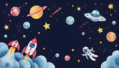 Hand drawn with pencil watercolor Space Background for Kids. Cartoon Rockets, Planets, Stars, Astronaut, Comets and UFOs isolated with white shades, png