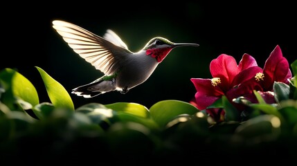 A hummingbird hovers in mid-air, wings spread wide, as it prepares to feed on a red flower.