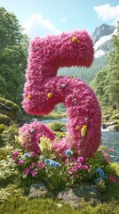 Fototapeta premium Number five covered in pink fluffy texture with small flowers in a forest environment