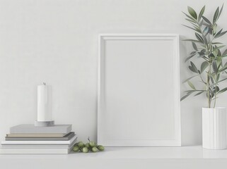 A white picture frame on a shelf with books. a candle. a plant. and a vase