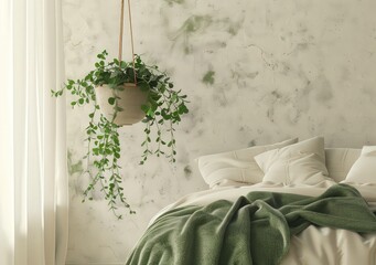 A minimalist bedroom with a hanging plant and a green blanket on the bed The walls are textured with a subtle green marble pattern