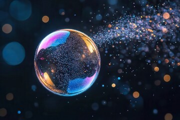 Naklejka premium Single soap bubble on a black background, iridescent colors, high detail, spotlighted