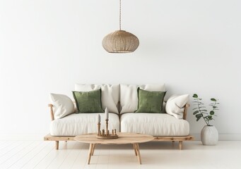 Minimalist living room interior with white sofa. wooden coffee table. green pillows. and a hanging lamp