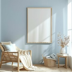 A cozy living room with a large empty picture frame. a wicker armchair with a blanket. and a side table with a vase of dried flowers The walls are painted a light blue. and the room is bathed in natur