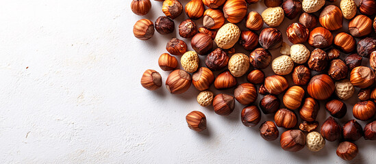 Obraz premium Hazelnuts arranged in a loose cluster on a clean white surface, with soft, diffused lighting creating a serene and minimalist ambiance. Suitable for food, ingredient or natural art photography.