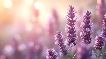 Obraz premium A stunning close-up of blooming lavender flowers with soft purple hues, basking in warm sunlight, creating a serene and tranquil atmosphere in nature.