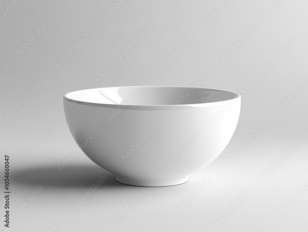 Poster a simple white bowl on a grey background, clean aesthetic, diffused light, creating soft shadows tha