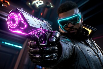Undercover cop in cyberpunk attire with digital sunglasses and hidden weapons, blending into a futuristic, neon-filled bar, symbolizing intensity and high-tech mystery, symbolizing modernity
