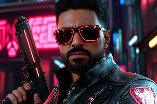 Undercover cop in cyberpunk attire with digital sunglasses and hidden weapons, blending into a futuristic, neon-filled bar, symbolizing intensity and high-tech mystery, symbolizing modernity