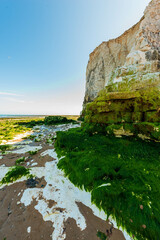 Coastal scene with large white chalk cliffs on a sandy beach. Cliffs have a rugged texture and some...