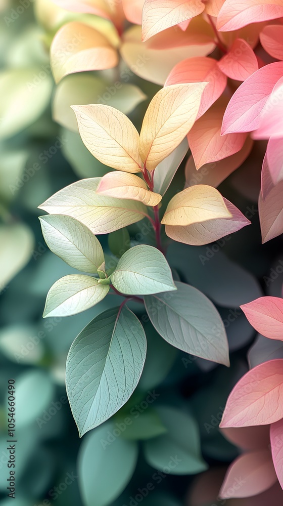 Poster a close-up view of delicate leaves showcasing a gradient of pastel colors, creating a serene and tra