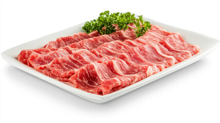 Fototapeta premium Fresh thinly sliced beef arranged neatly on large white platter, garnished with parsley, showcasing its vibrant red color and marbling. Perfect for culinary presentations