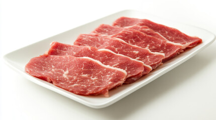 Freshly sliced raw meat displayed on large white platter, showcasing thin, marbled cuts that highlight quality and freshness. Perfect for culinary presentations or meal preparations