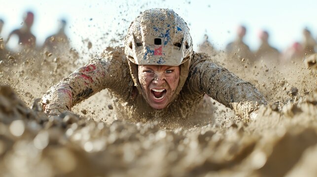 A determined woman crawls through mud during an obstacle course race.