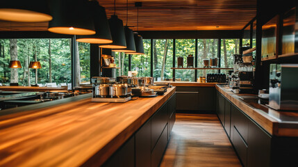modern aesthetic kitchen featuring wooden interiors, large windows, and serene forest view. space is well equipped with stainless steel appliances and stylish lighting, creating warm and inviting