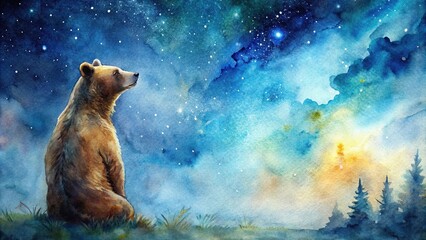 Obraz premium watercolor painting of a bear gazing at night sky