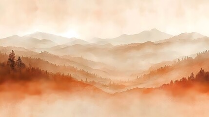 A serene landscape featuring rolling mountains shrouded in a soft orange haze, creating a tranquil atmosphere perfect for relaxation and contemplation.