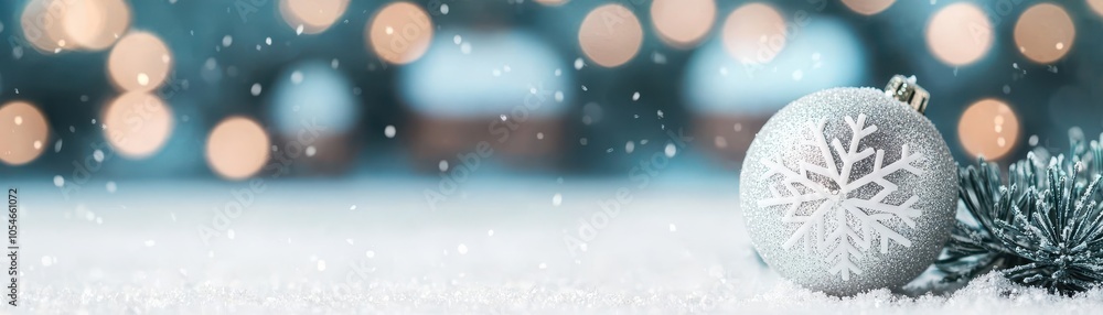 Poster a serene winter scene featuring a delicate snowflake ornament resting on snowy ground, with soft bok
