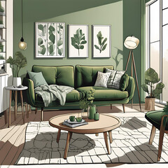 Scandinavian style living room with a green sofa - Generative AI
