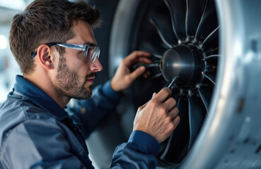 Mechanic inspecting aircraft engine