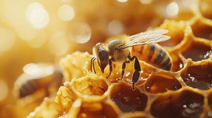 close up view of working bee on honeycomb, showcasing its intricate details and vibrant colors. bee is busy collecting nectar, highlighting beauty of nature and importance of pollinators