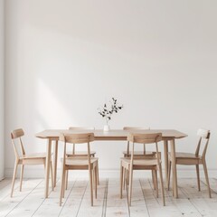 Minimalist dining room interior with a wooden table and six chairs. a vase with branches on the table. and a white wall
